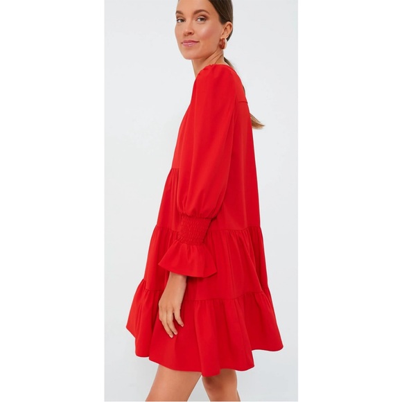 Tuckernot Pomander Place Red Crepe Kenzo Ruffle via-neck long sleeve Dress Sz L - Picture 3 of 16